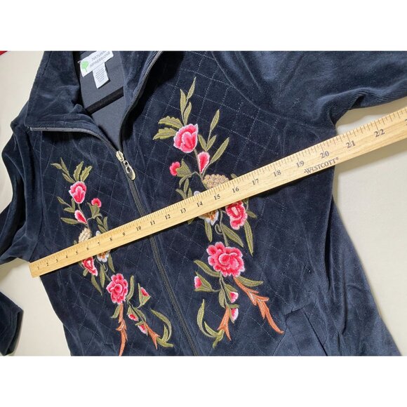 Natural Impressions Black Velour Quilted Floral Embroidered Jacket sz Large Zip - Picture 4 of 12